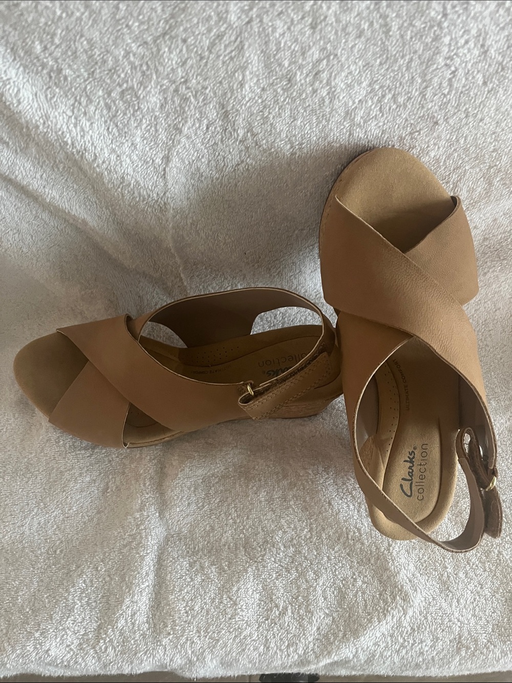 Clarks Beige Crisscross Wedge Sandals